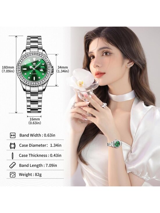 Womens Silver Green Stainless Steel Luxury Ladies Waterproof Writs Diamond Watch